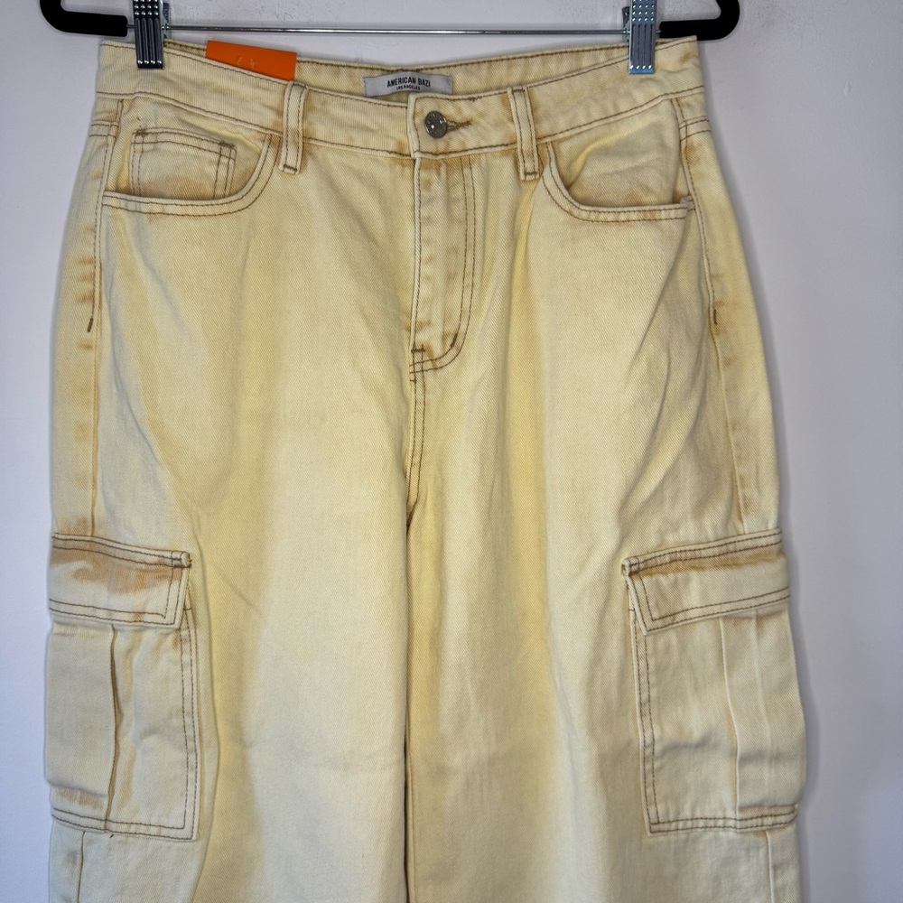New American Bazi CROPPED CARGO JEANS In TAN WASH Yellow Wide Leg Women’s Size M - Picture 4 of 11